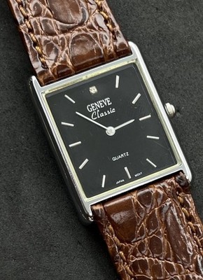 Vtg New GENEVE Classic Tank Diamond Mens 34mm Quartz Watch SS Black Dial Leather