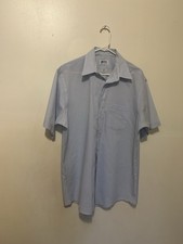 Vintage Arrow Kent Shirt Men 16.5 Blue Short Sleeve Button Up Poly Cotton