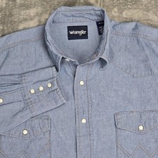 Wrangler Shirt Mens XL Blue Chambray Western Cowboy Pearl Snap Long Sleeve
