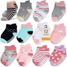 Ankle Grip Socks for Girls, Hearts and Stripes, 6-12 Months Non-Slip Baby