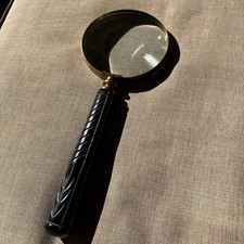 Antique Round Magnifying Glass w/Brass  Black Engraved Handle 10.5L x 4  Dia