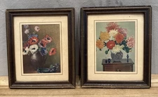 Antique French Lithographs Wood Frames Floral Flowers Art Decor Vintage Art