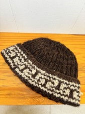 Vintage Hand Knit Raw 100 Virgin Wool Brown Cream Beanie Made in Ecuador