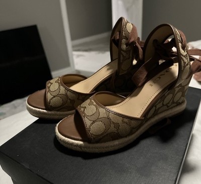 Coach Brown Beige Espadrille Wedge Sandals Logo Tie Ankle  display picture 1