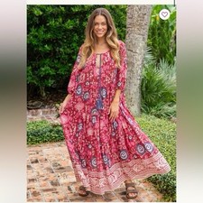 Natural Life Womens medium Auguste Pink Red Floral Oversize Cotton Boho Maxi