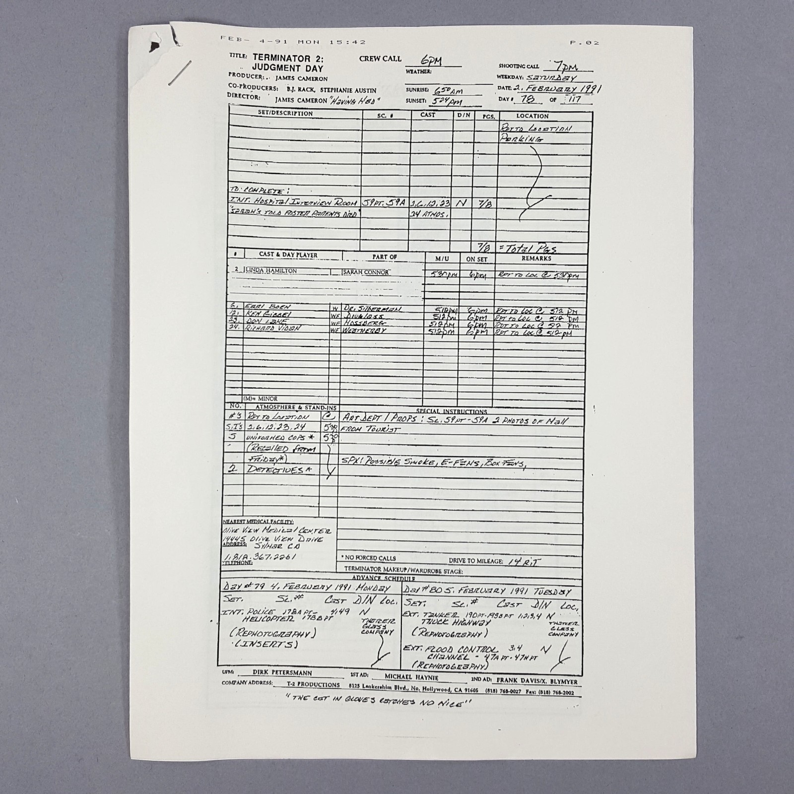 Image 2 of Terminator 2 Production Used Call Sheet Sarah Connor James Cameron Movie Prop