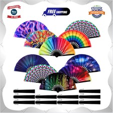 10 Pcs Large Folding Hand Fan Bamboo Rainbow Clack Fan for Festival Rave Party