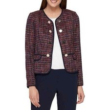 Tommy Hilfiger Women  s 8 Tweed Open Blazer Jacket Navy Red Classic Long Sleeve