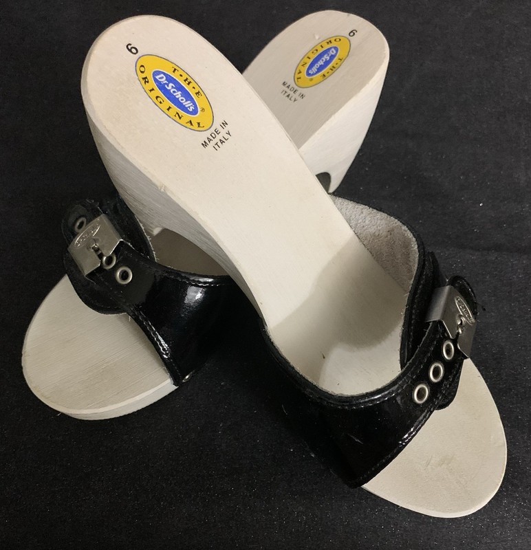 Dr Scholl’s Original Diva Black White Patent Leather Wood Shoes Women’s Size 6