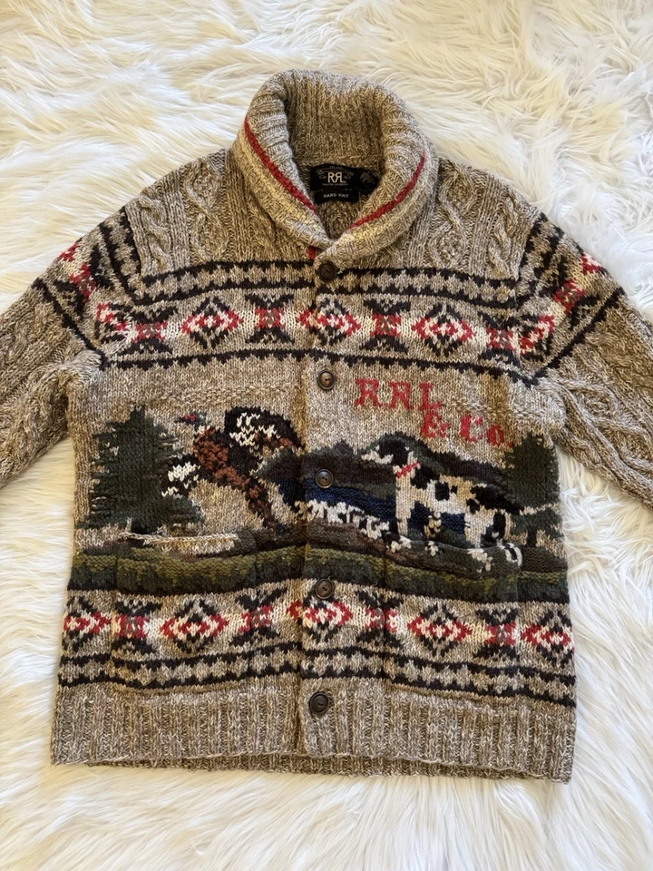 RRL Double RL Ralph Lauren New Hand Knit Cardigan Sweater Hunting Linen Wool L - Image 2 of 4