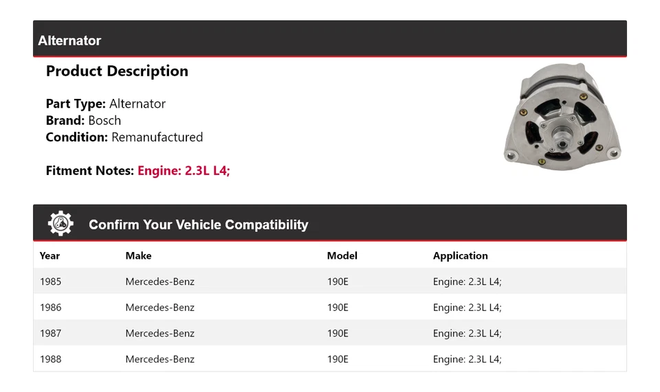 Alternador Bosch para Mercedes 190E 1985-1988 2,3 L L4 (remanufacturado) 1986 1987 Foto 2 de 4