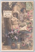 Today Holy Sign Edwardian Mother Daughter Bonnet Flower Vendors Postcard RPPC