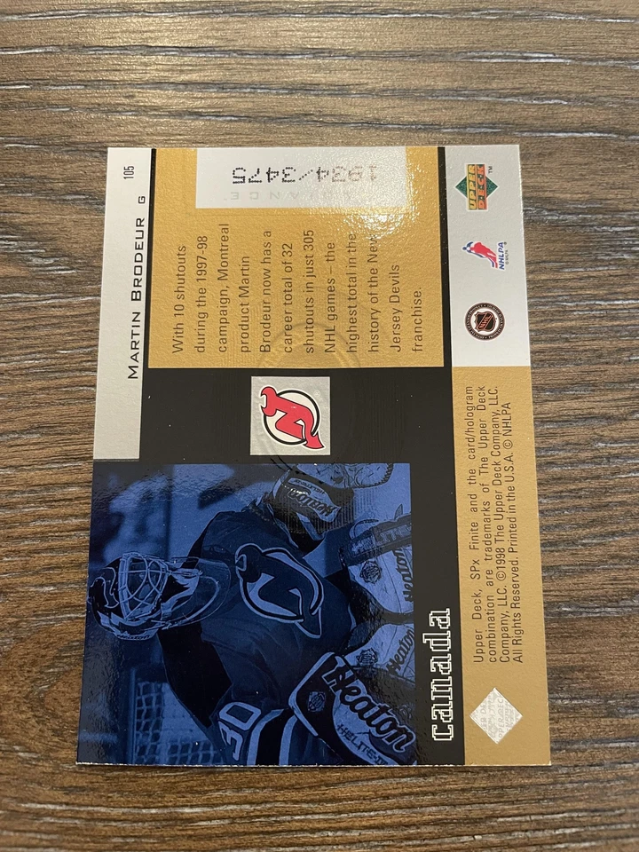 1998-99 SPx Finite #105 Martin Brodeur Radiance #/3475 - Image 2 of 2