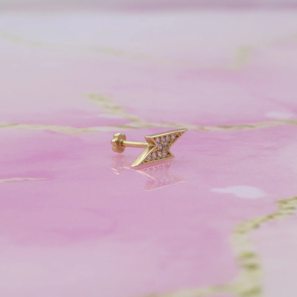 14K Solid Gold Lightning CZ Earring Bolt Piercing Flatback Stud Tragus Simple - Image 3 of 4