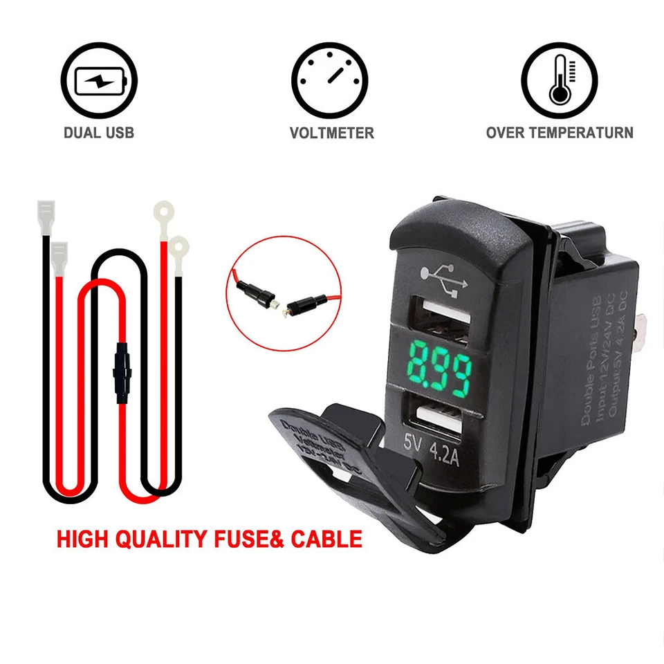 Enchufe Cargador Coche Doble USB 5V 4.2A Luz LED Verde Pantalla de Voltaje Impermeable Foto 4 de 4