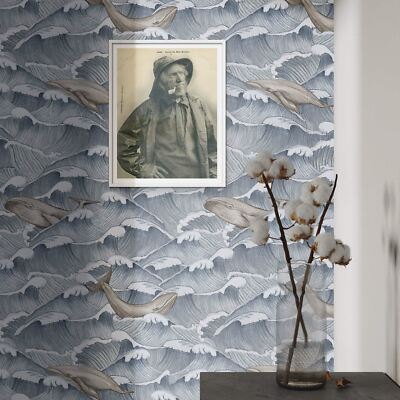 Eco-Friendly Vintage Sea Wallpaper Waves Whales Paper Sheets Made in Italy