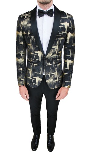 ABITO COMPLETO UOMO SARTORIALE NERO ORO ELEGANTE RASO SMOKING VESTITO  CERIMONIA | eBay
