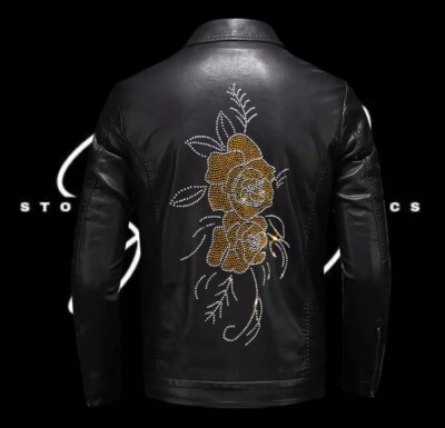 Leather Jacket With Rose  Rhinestone Design