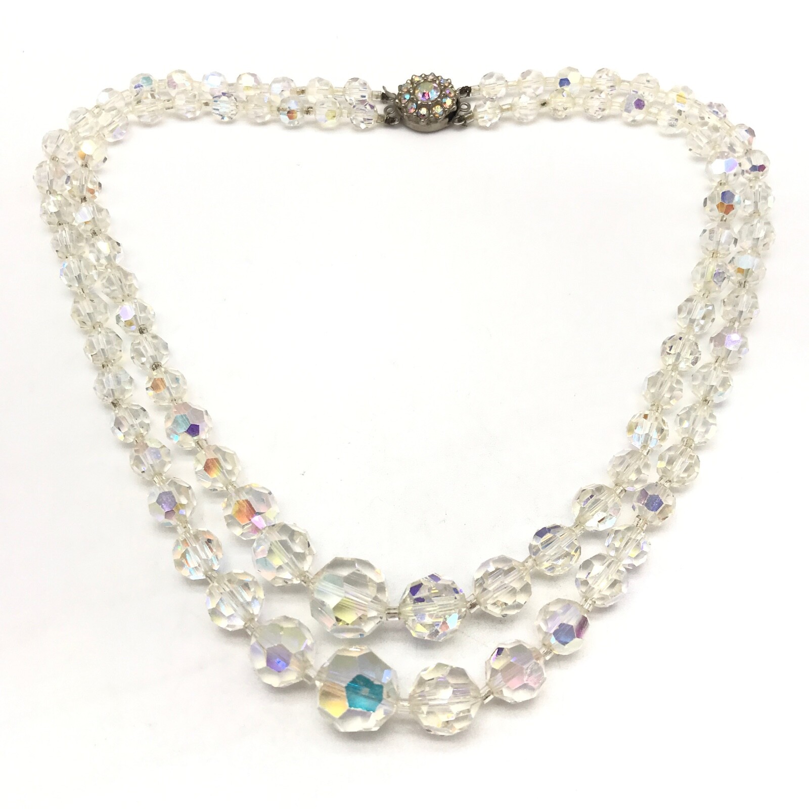 Vintage Clear Aurora Borealis AB Crystal Graduated Double Strand Necklace 15