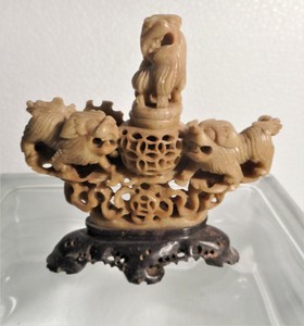 Antique Signed Chinese Carved Soapstone Dog of Foo Incense Burner