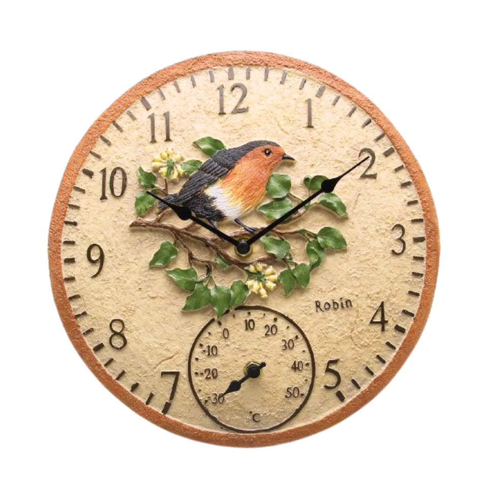 Garden Wall Clock Outdoor Thermometer 12” Wild Birds Outside in Designs 445894 Robin