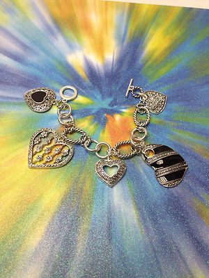SILVER CHARM HEART HEARTS BRACELET w/ TOGGLE LOCK  FASHION JEWELRY  NEW GIFT BAG