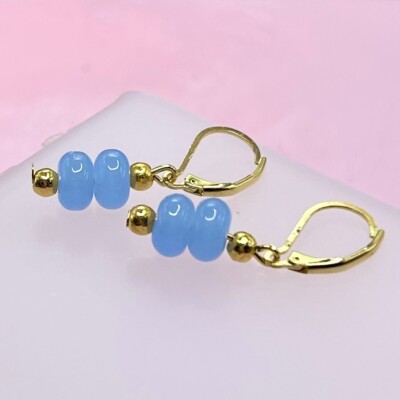 Stacked Natural Stone & Gold Bead Leverback Earrings (Lilac) Handmade New