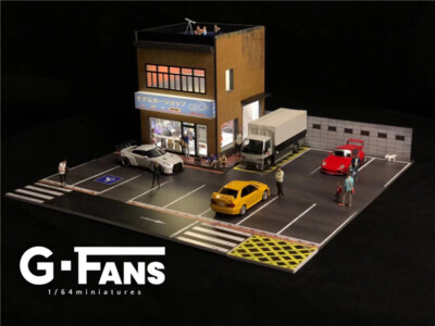 G-FANS Modell 1:64 Modell Ladengebäude LED Beleuchtung Fahrzeug Parkplatz Display