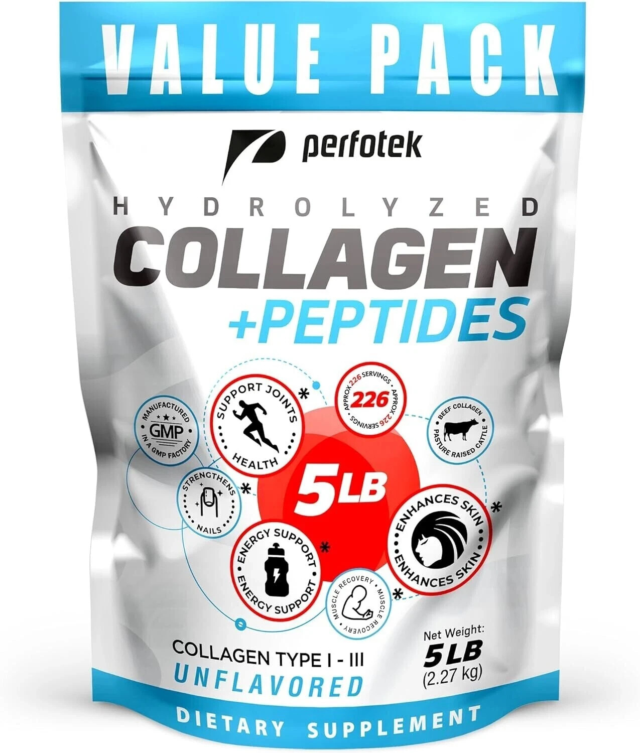 Perfotek Unflavored Collagen Powder Types I-III 5Lb Easy Mix for Men and Women