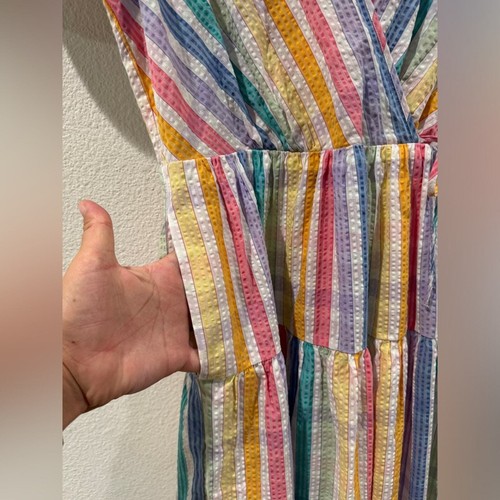 J.Crew Faux Wrap Rainbow Gingham Plaid Midi Tiered Ruffle Short Sleeve Dress 6 - Picture 6 of 16