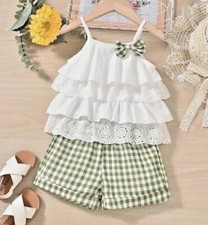 Girls Shorts Set 2 Pc Green GinghamPants  Ruffled White Top Elastic Waist NEW