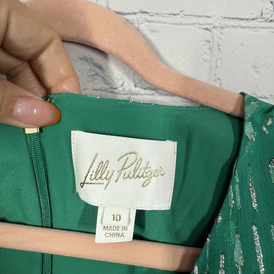 Maxi Vestido Lilly Pulitzer Cleme Mujer Talla 10 Hoja de Violín Verde Seda Forrado Fiesta Foto 3 de 4