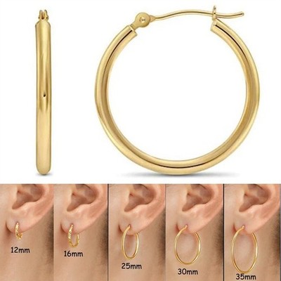 25mm 14K Real Solid Yellow Gold Shiny Polished Round Creole Hoop Earrings Gift