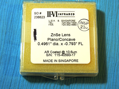 Beam Expanding Lens, ZnSe, II-VI, -.793 in FL, CO2 Laser - Brand New, Unopened