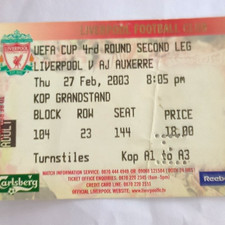 UEFA Cup 2002/03 Liverpool v AJ Auxerre 27.02.2003 Ticket Stub
