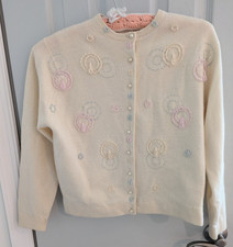 Vintage Ivory Beaded Cardigan 38" bust angora wool pink blue ballerina 50s