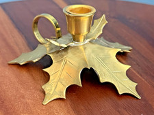 Vintage Brass Holly Leaf Shaped Chamber Candle Holder, Finger Hold 6"