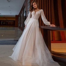 Glitter A Line Wedding Dresses Illusion Deep V-neck Long Sleeve Bride Gown Train