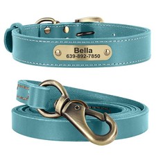Genuine Leather Personalized Dog Collar and Leash Custom Pet Puppy ID Name Tag