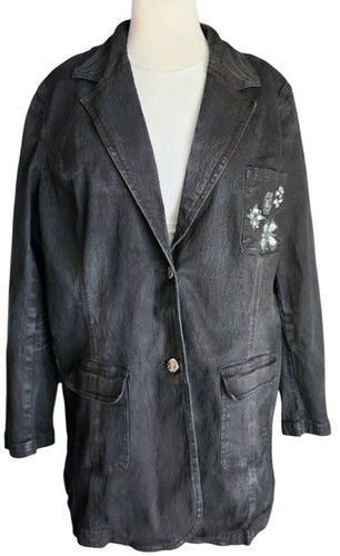 Diane Gilman DQ2 Black Denim Blazer Jacket 2X Embellished Floral Sequin Western - Picture 1 of 10