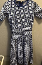 Talbots Grecian Jacquard Royal Blue White Geo Fit Flare Sweater Dress XS
