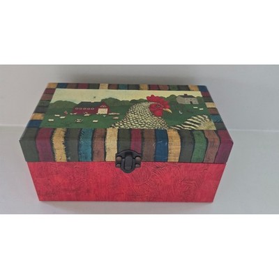 Valerie Pillow Folk Art Rooster Farm Decorative Storage Box Red Primitive Latch