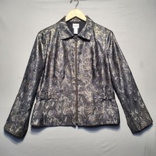 Chicos Jacket Womens M Gray Gold Metallic Shimmer Floral Brocade Y2K Old Money