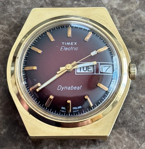 Vintage 1977 Timex Electric Dynabeat Watch - Maroon Sunburst Dial - RUNNING!