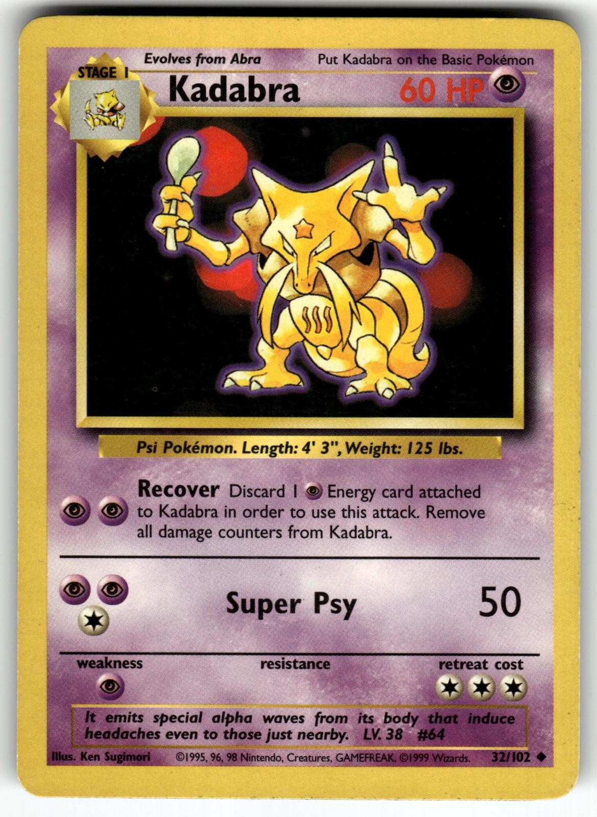 Kadabra 32/102 Uncommon Base Set Unlimited Pokemon Lightly Played