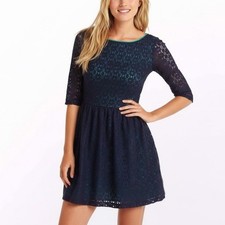 Lilly Pulitzer Size 0 Navy Blue & Green Alicia Fit & Flare Lace 3/4 Sleeve Dress