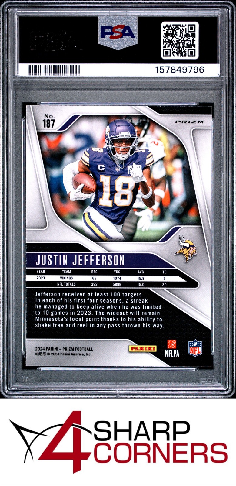 2024 PANINI PRIZM NEON GREEN PULSAR #187 JUSTIN JEFFERSON PSA 10 view 2