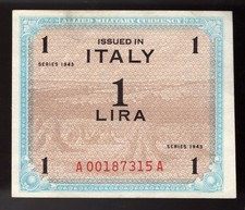 1943 Italy 1 Lira WWII Allied Military Currency   P-M10 AU
