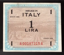 1943 Italy 1 Lira WWII Allied Military Currency   P-M10 AU