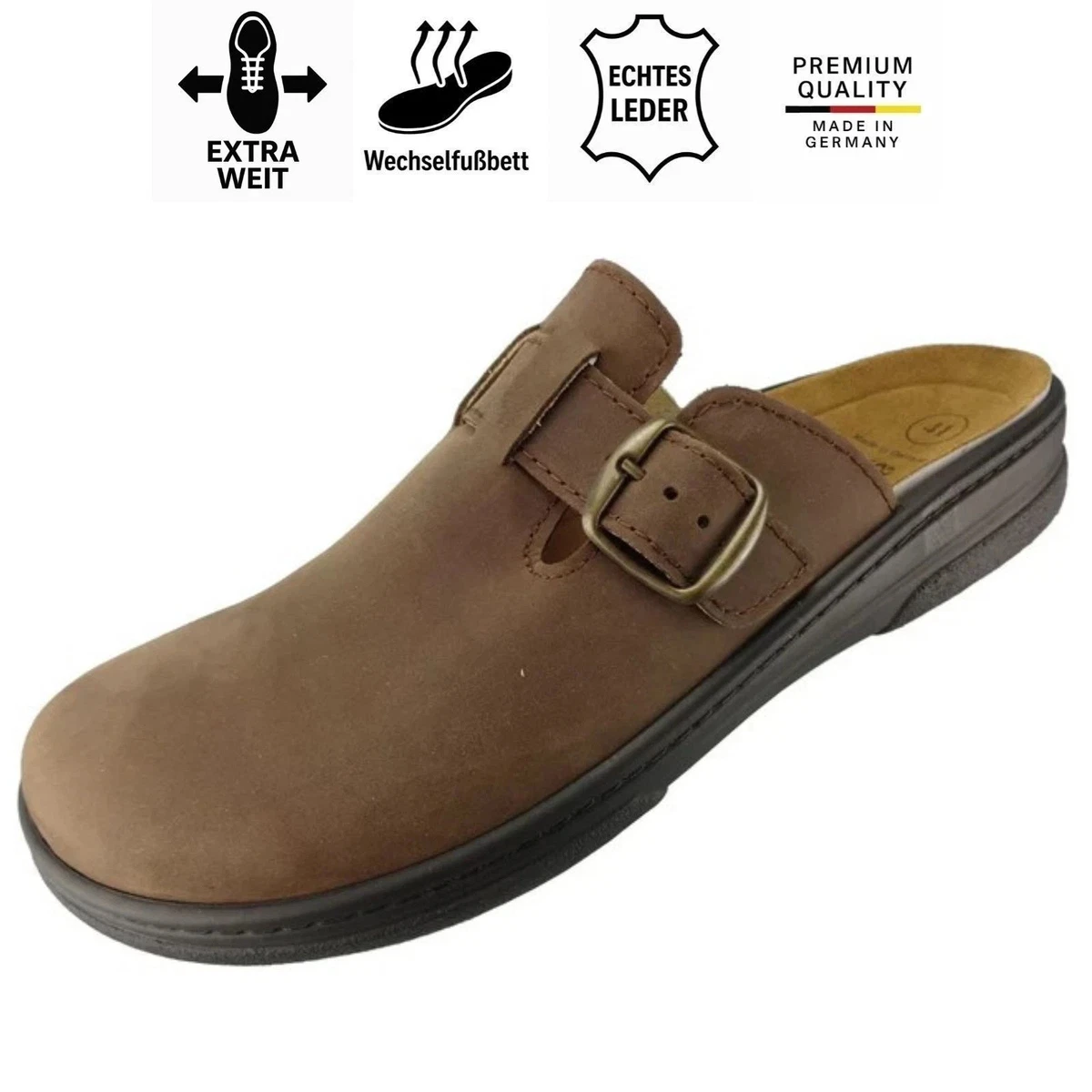 Algemare Herren Clog Leder Pantolette Hausschuh 7995 H-Weite bequem weich 40-47